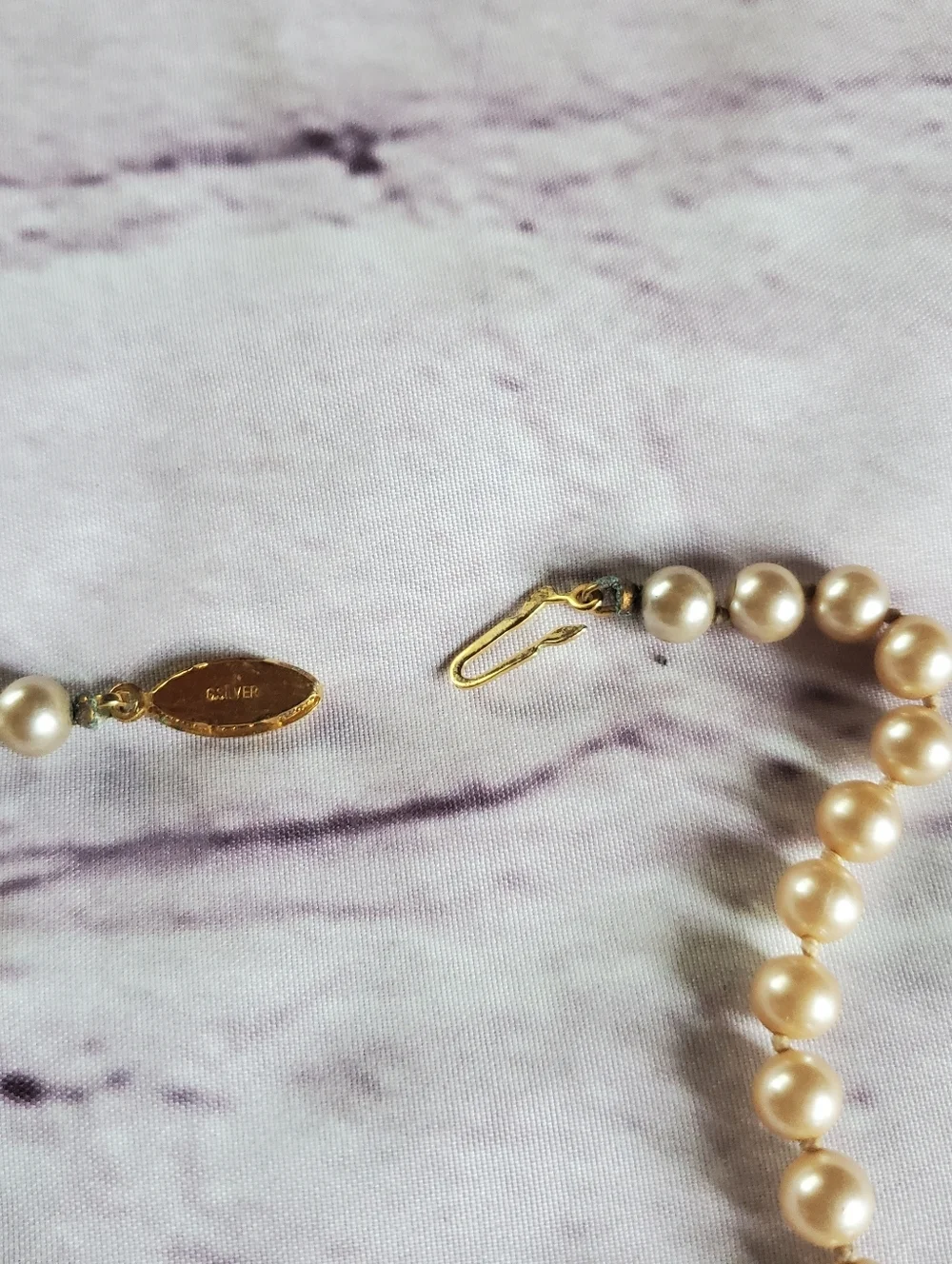 Vintage glass pearl necklace with sterling vermeil filigree clasp and hand knot